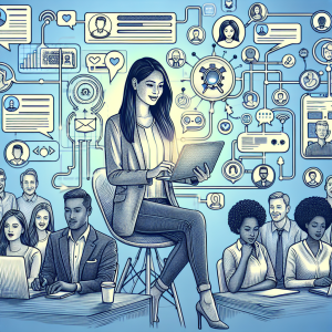 Illustration of Person switching between messaging accounts in a Co-working space setting, with a inspired mood.