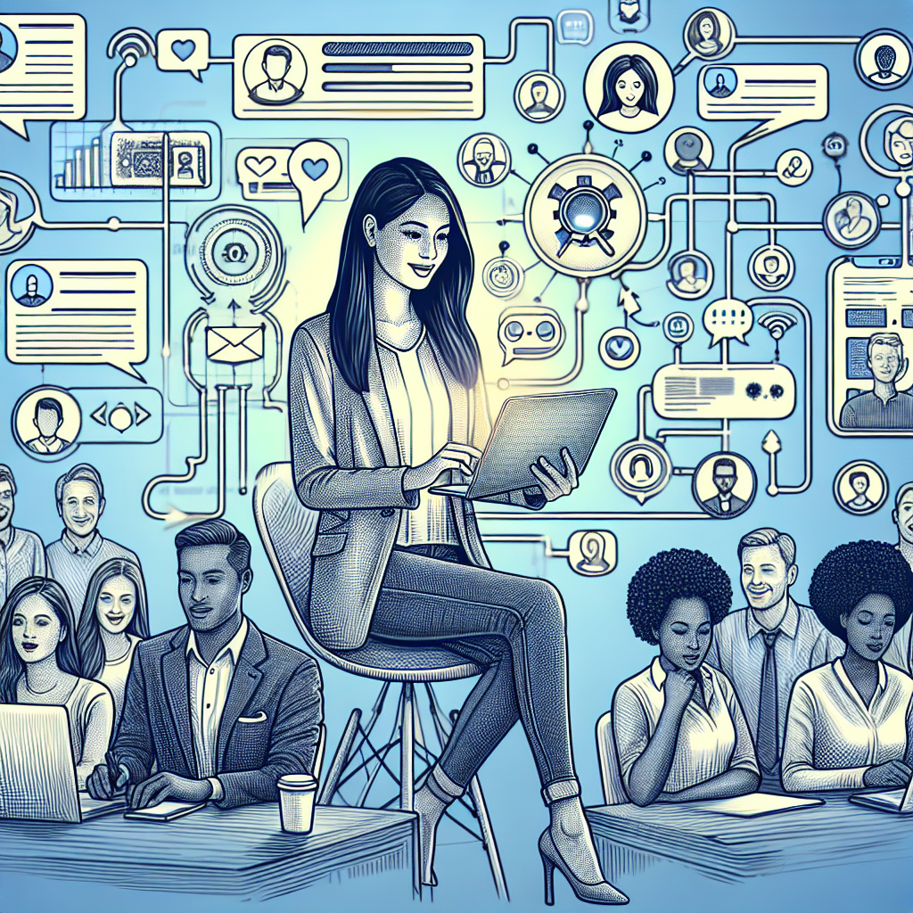 Illustration of Person switching between messaging accounts in a Co-working space setting, with a inspired mood.