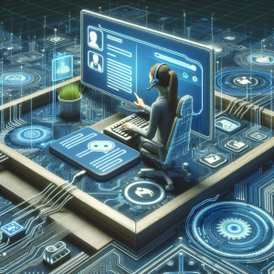 Illustration of support agent using app in a abstract tech patterns setting, with a relaxed mood.