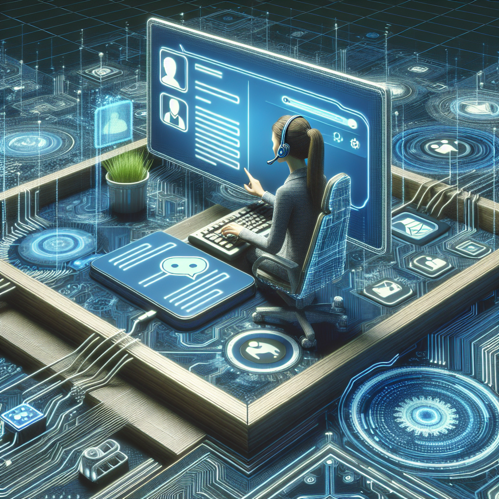 Illustration of support agent using app in a abstract tech patterns setting, with a relaxed mood.