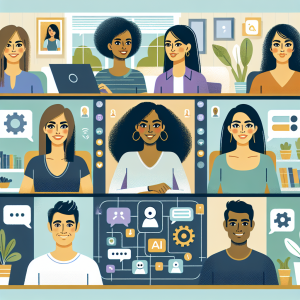 Illustration of Team on video call in a Home office setting, with a focused mood.