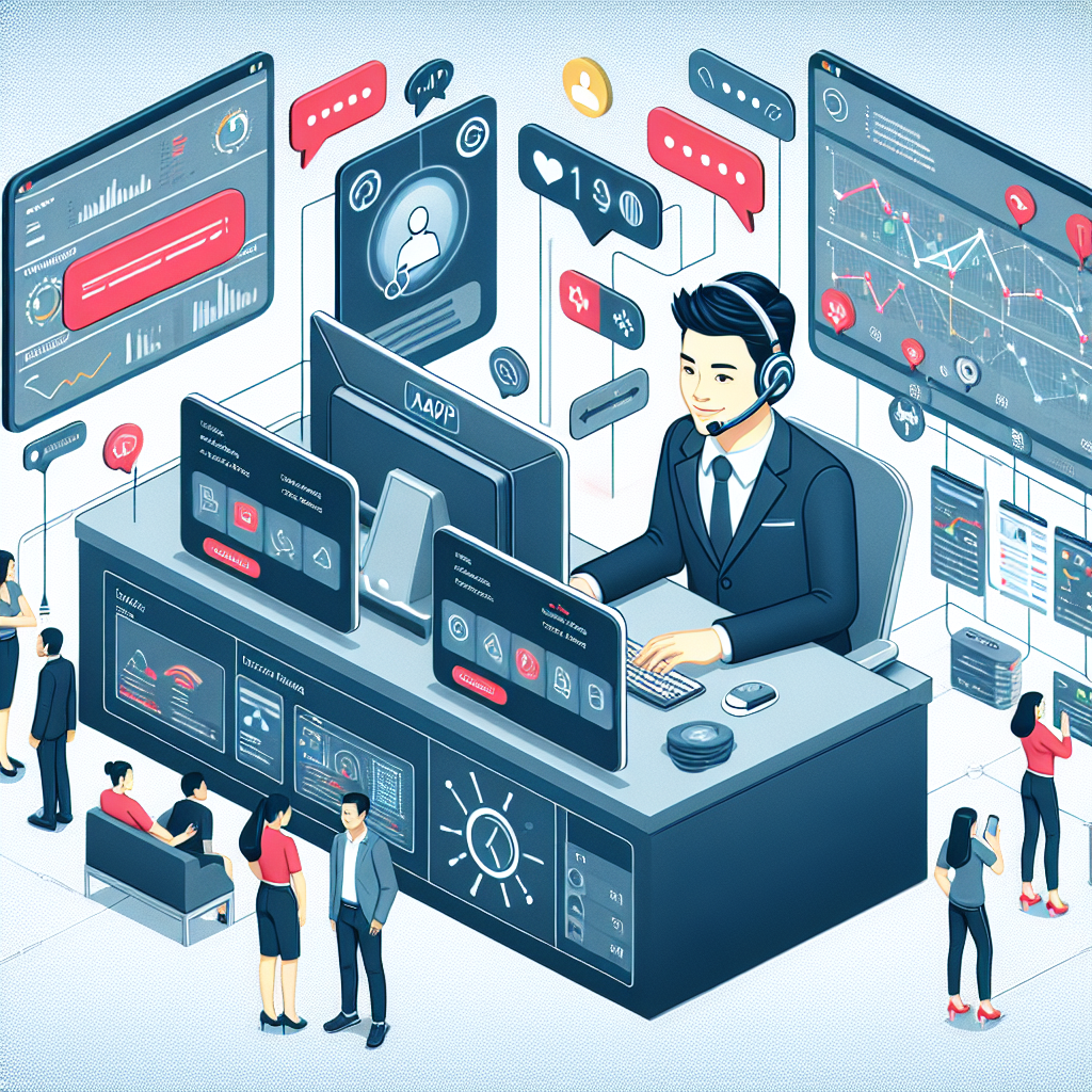 Illustration of Agent using XAPP interface with headset in a Digital workspace with screens setting, with a relaxed mood.