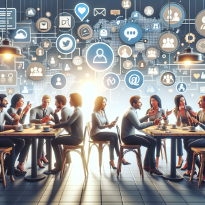 Illustration of Business team collaborating via messaging apps in a Café / Coffee shop setting, with a creative mood.