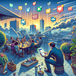 Illustration of Smartphone screen showing multiple chat apps open in a Rooftop terrace setting, with a inspired mood.