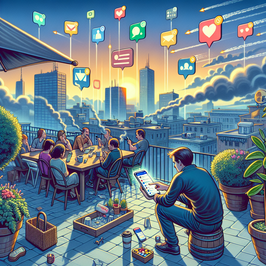 Illustration of Smartphone screen showing multiple chat apps open in a Rooftop terrace setting, with a inspired mood.