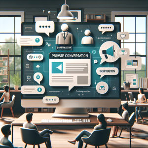 Illustration of private conversation interface demo in a home office desk setting, with a inspired mood.