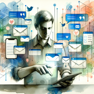 Illustration of person managing messages from devices in a abstract tech patterns setting, with a inspired mood.