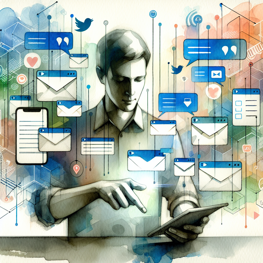 Illustration of person managing messages from devices in a abstract tech patterns setting, with a inspired mood.