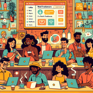 Illustration of laptop displaying unified inbox in a coffee shop setting setting, with a happy mood.