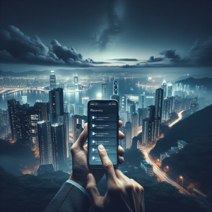 Illustration of hand holding phone with notifications in a city skyline at night setting, with a relaxed mood.