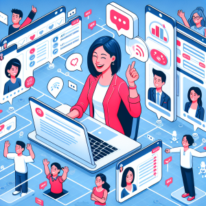 Illustration of person managing messages from devices in a clean digital dashboard setting, with a happy mood.