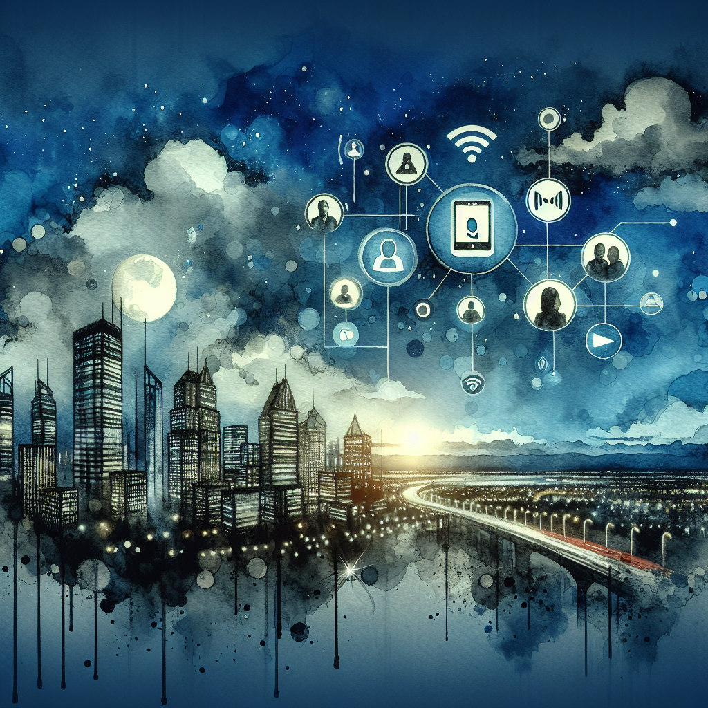 Illustration of private conversation interface demo in a city skyline at night setting, with a relaxed mood.