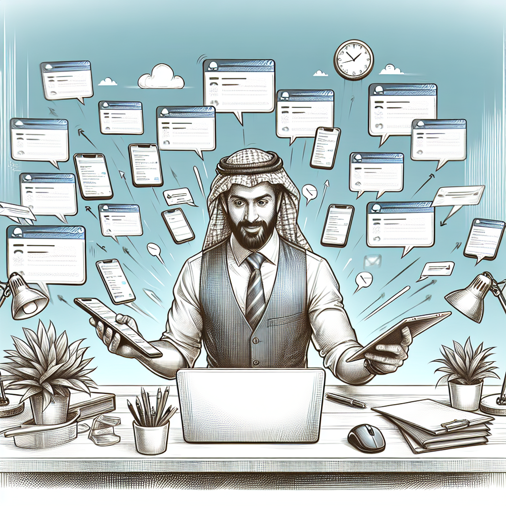 Illustration of person managing messages from devices in a home office desk setting, with a determined mood.