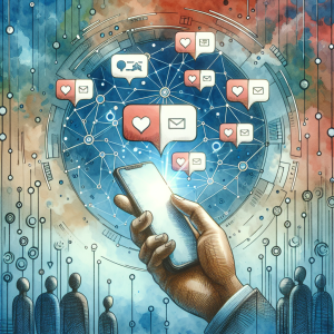 Illustration of hand holding phone with notifications in a abstract tech patterns setting, with a inspired mood.