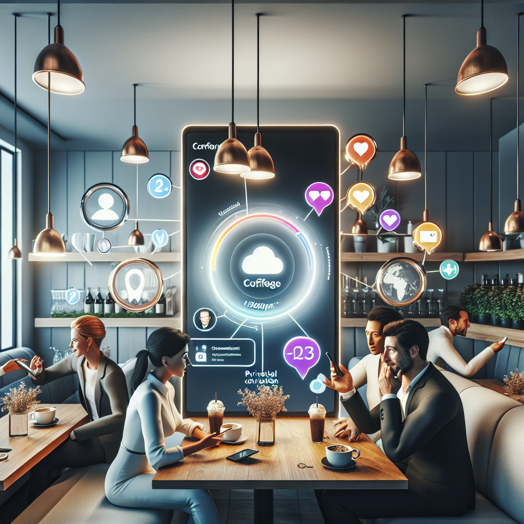 Illustration of private conversation interface demo in a coffee shop setting setting, with a inspired mood.