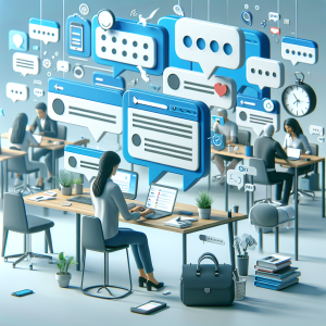 Illustration of user texting with multiple chat bubbles in a modern workspace setting, with a inspired mood.