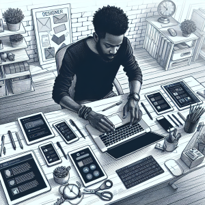 Illustration of person managing messages from devices in a home office desk setting, with a creative mood.