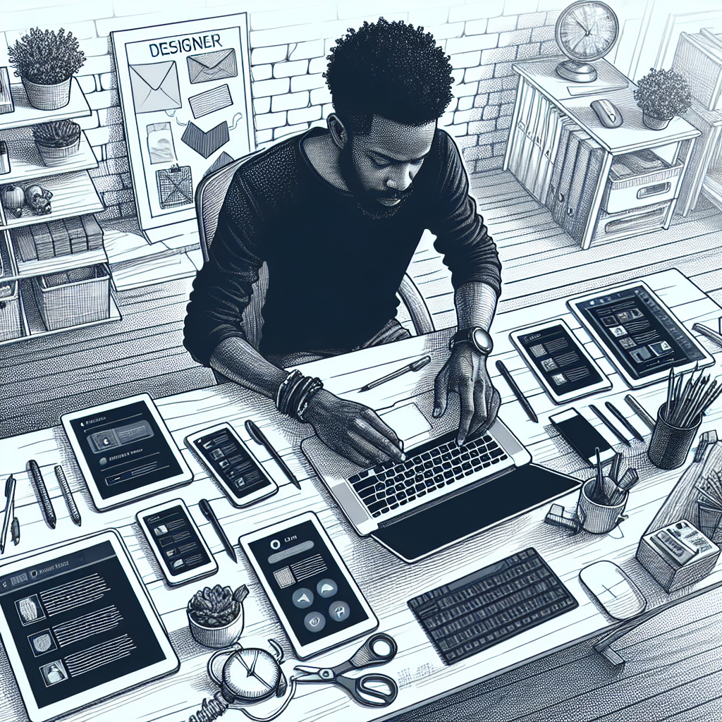 Illustration of person managing messages from devices in a home office desk setting, with a creative mood.