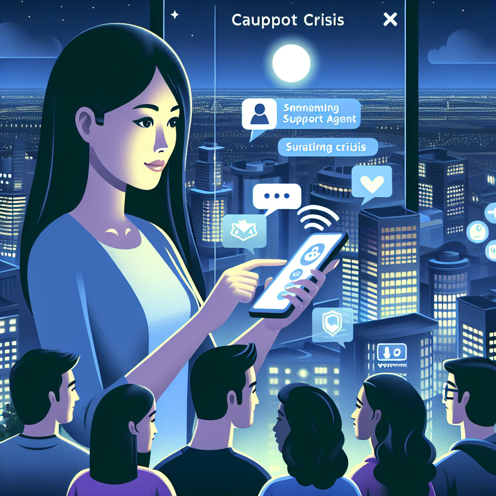 Illustration of support agent using app in a city skyline at night setting, with a inspired mood.