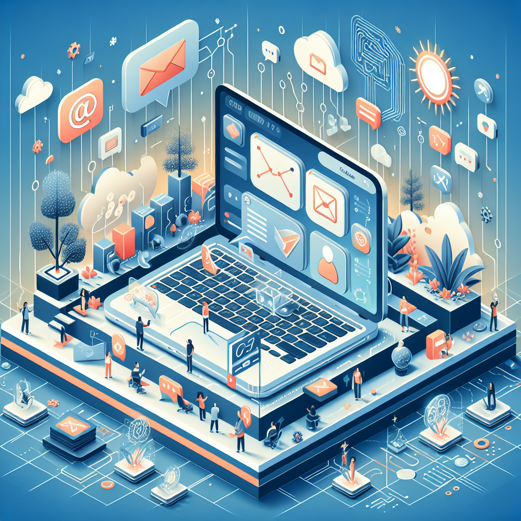 Illustration of laptop displaying unified inbox in a abstract tech patterns setting, with a inspired mood.