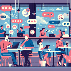 Illustration of user texting with multiple chat bubbles in a coffee shop setting setting, with a creative mood.