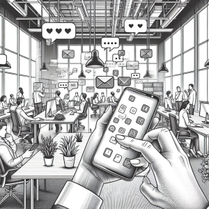 Illustration of hand holding phone with notifications in a modern workspace setting, with a determined mood.