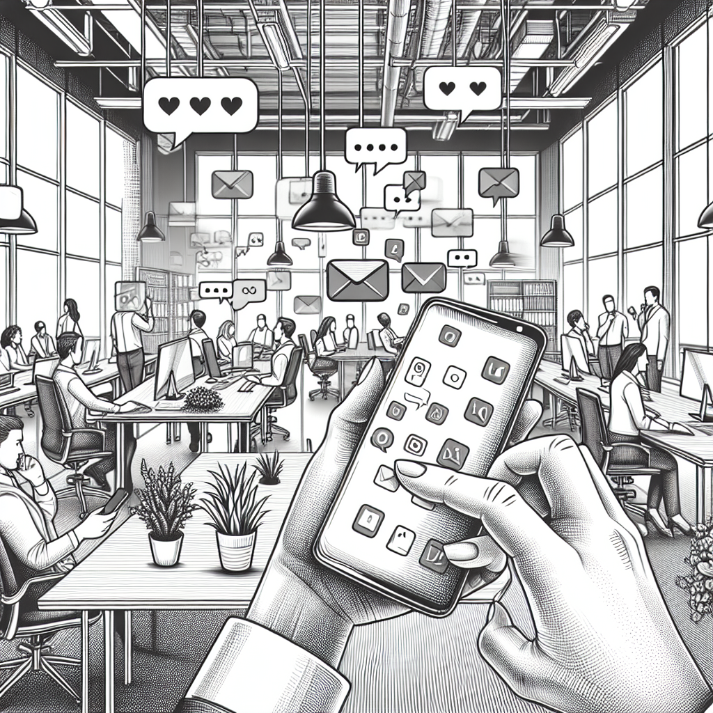 Illustration of hand holding phone with notifications in a modern workspace setting, with a determined mood.