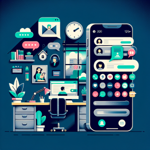 Illustration of smartphone with messaging apps open in a home office desk setting, with a relaxed mood.