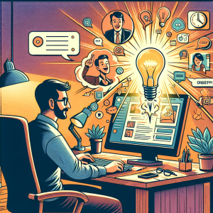 Illustration of private conversation interface demo in a home office desk setting, with a inspired mood.