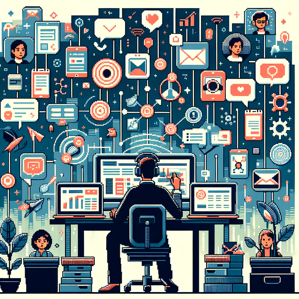 Illustration of person managing messages from devices in a abstract tech patterns setting, with a focused mood.