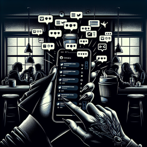 Illustration of hand holding phone with notifications in a coffee shop setting setting, with a relaxed mood.