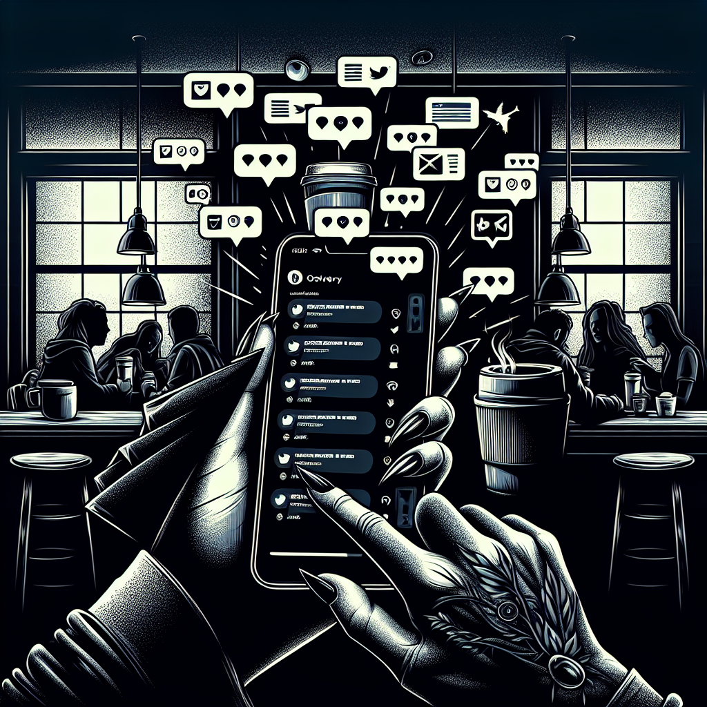 Illustration of hand holding phone with notifications in a coffee shop setting setting, with a relaxed mood.