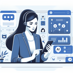 Illustration of support agent using app in a clean digital dashboard setting, with a determined mood.