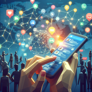 Illustration of hand holding phone with notifications in a global network map setting, with a inspired mood.