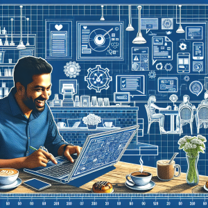 Illustration of person managing messages from devices in a coffee shop setting setting, with a happy mood.