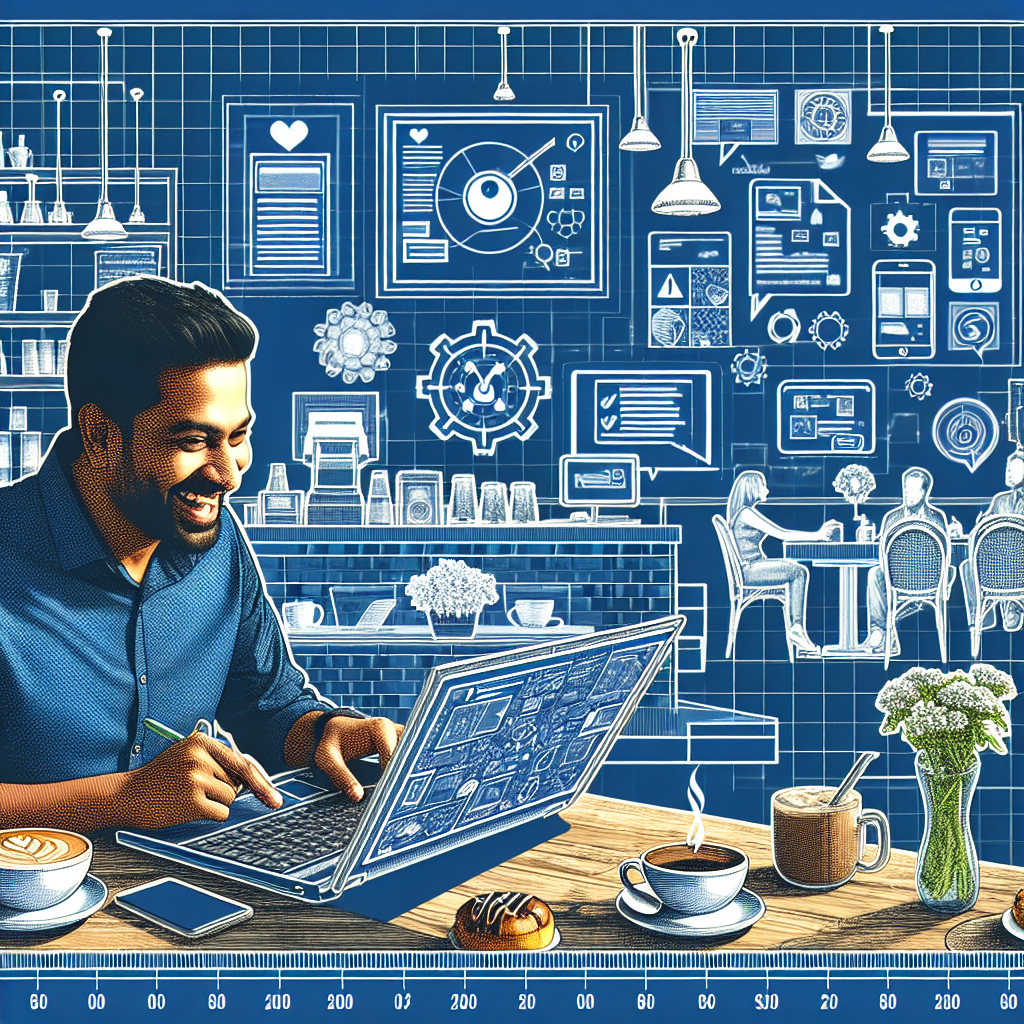 Illustration of person managing messages from devices in a coffee shop setting setting, with a happy mood.