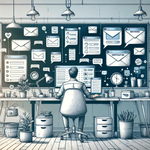 Illustration of person managing messages from devices in a home office desk setting, with a relaxed mood.