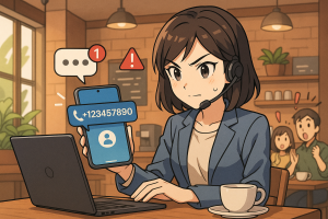 Illustration of virtual phone number concept on screen in a coffee shop setting setting, with a determined mood.