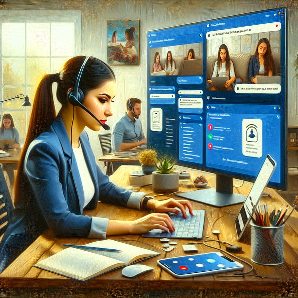 Illustration of support agent using app in a home office desk setting, with a focused mood.