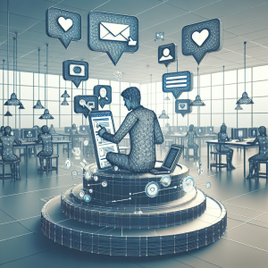 Illustration of person managing messages from devices in a modern workspace setting, with a focused mood.