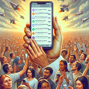 Illustration of hand holding phone with notifications in a minimal app interface setting, with a focused mood.