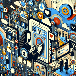 Illustration of support agent using app in a abstract tech patterns setting, with a creative mood.