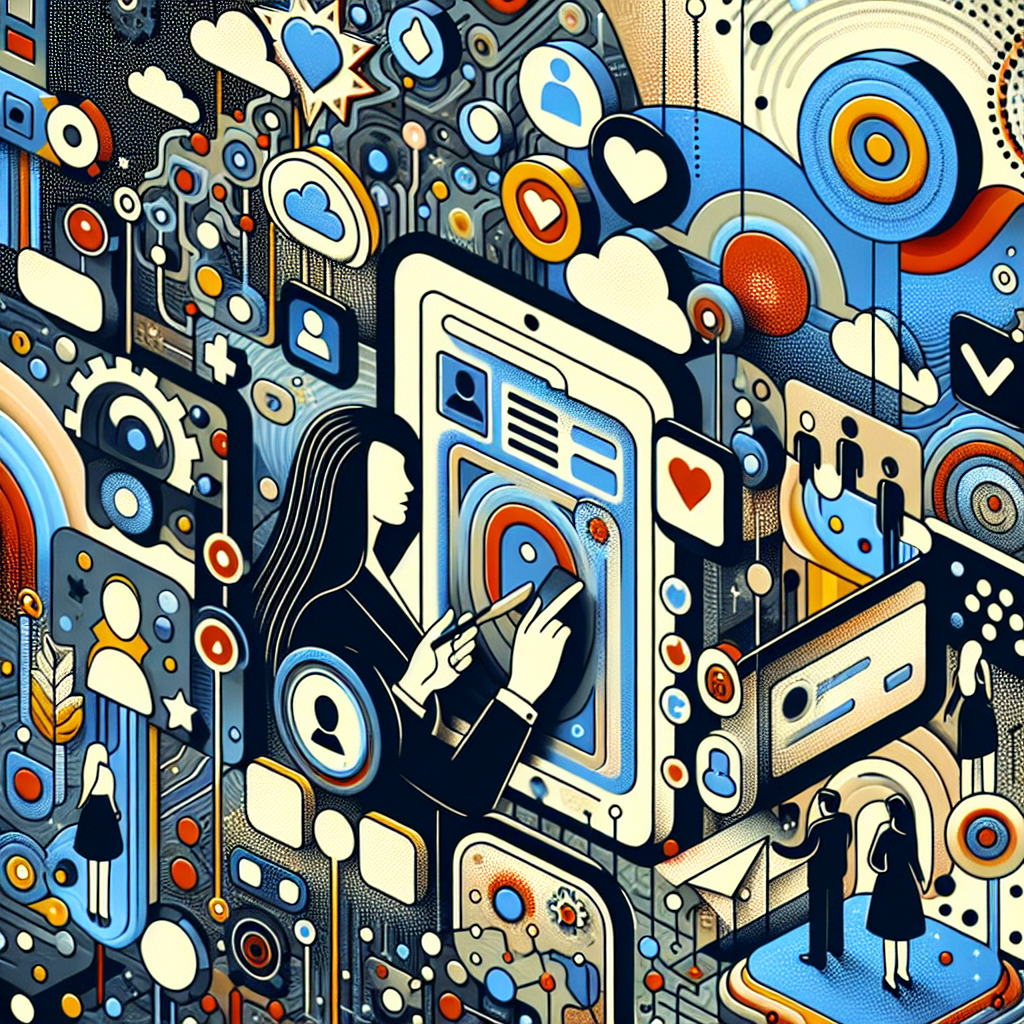 Illustration of support agent using app in a abstract tech patterns setting, with a creative mood.