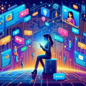 Illustration of person managing messages from devices in a global network map setting, with a creative mood.