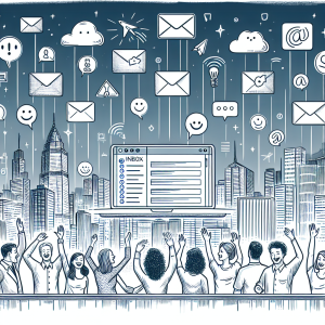 Illustration of laptop displaying unified inbox in a city skyline at night setting, with a happy mood.