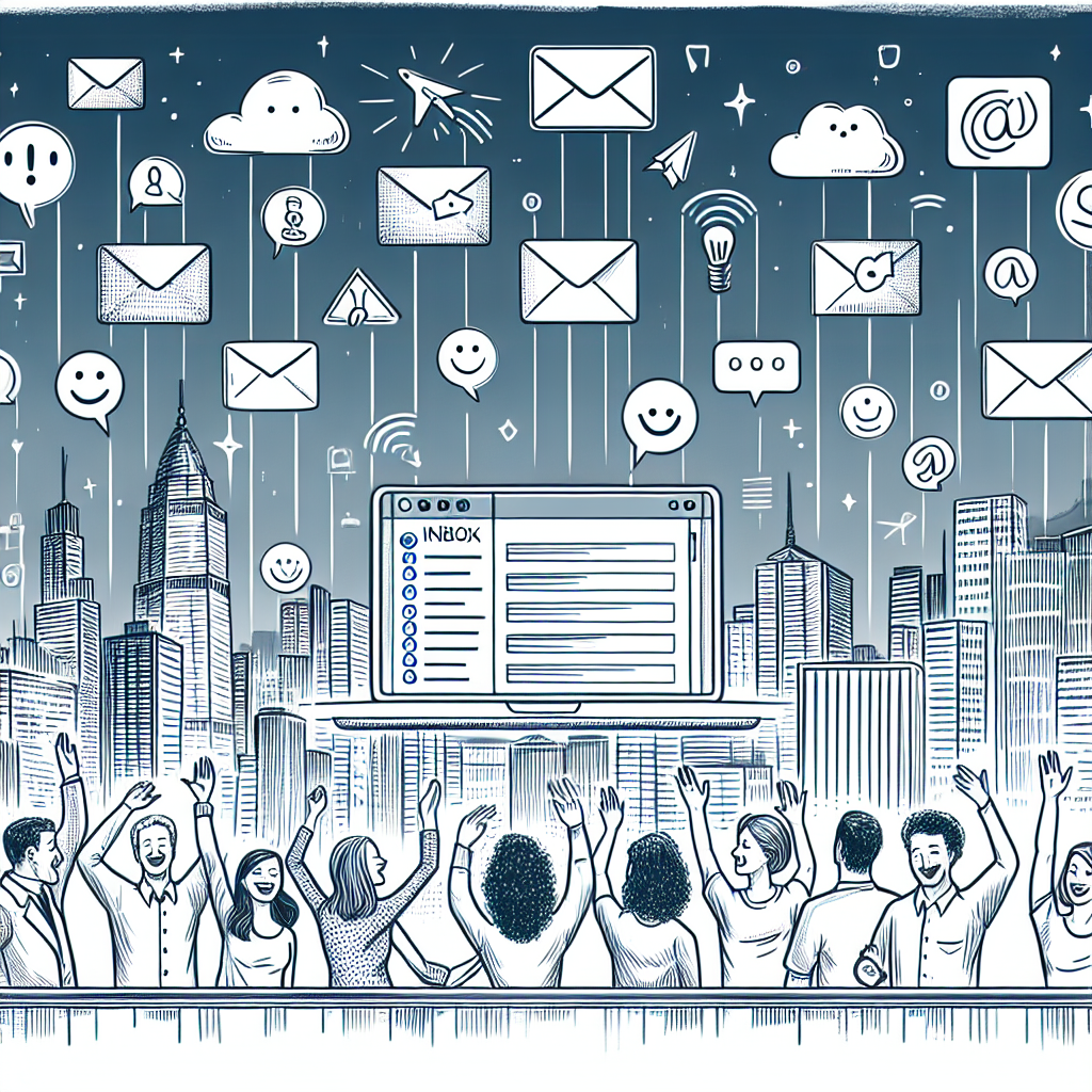 Illustration of laptop displaying unified inbox in a city skyline at night setting, with a happy mood.