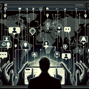 Illustration of user texting with multiple chat bubbles in a global network map setting, with a creative mood.