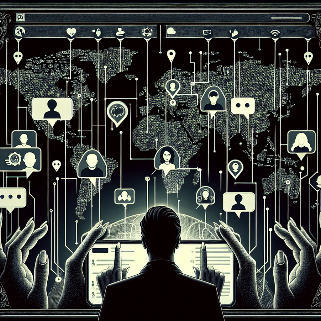 Illustration of user texting with multiple chat bubbles in a global network map setting, with a creative mood.