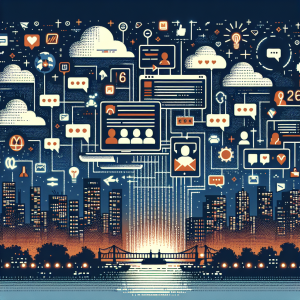 Illustration of private conversation interface demo in a city skyline at night setting, with a creative mood.