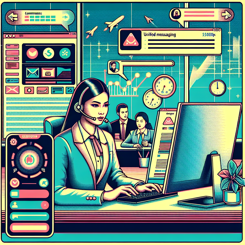 Illustration of support agent using app in a modern workspace setting, with a determined mood.